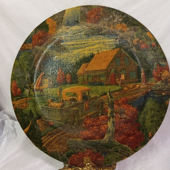 DECOUPAGE Glass Plate Country Scenery Deers, Dog,Cabin,Bear,Waterfall ,10" - Picture 4 of 5
